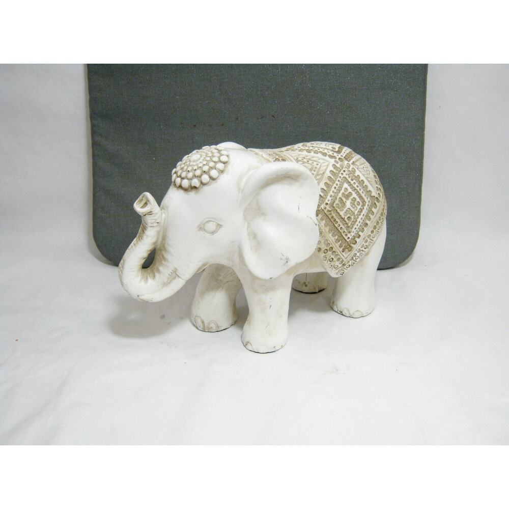 Ornate Carved Tribal style Elephant Figurine w/ Rustic White finish